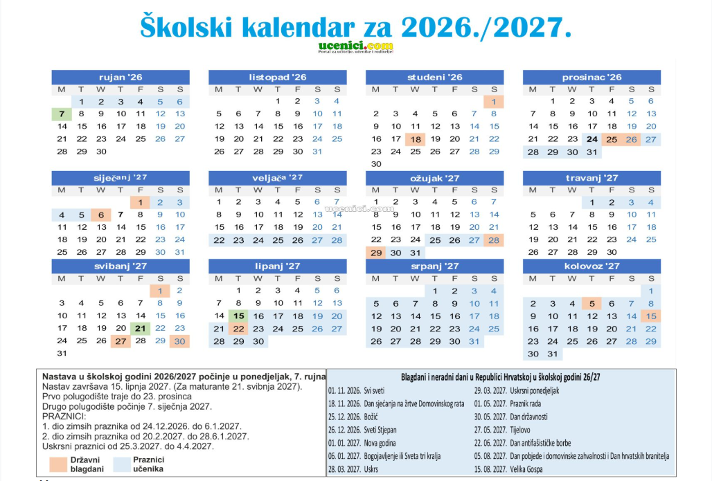 Školski kalendar za 2026./2027.
