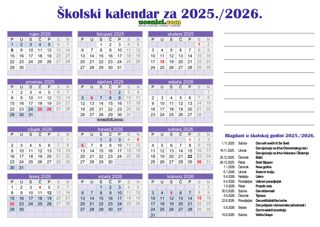 Školski kalendar za 2025./2026.